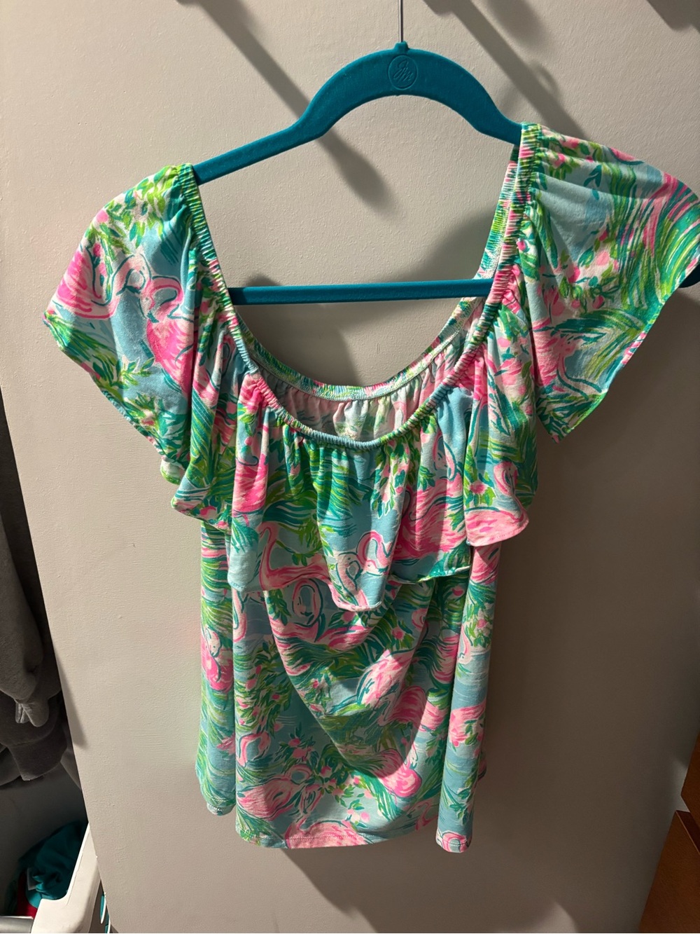 Lilly Pulitzer Aqua & Pink Flamingo Off-Shoulder Ruffle Top